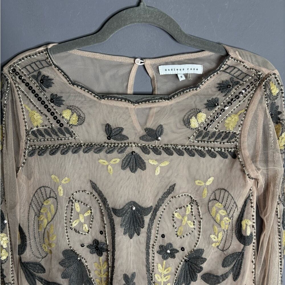 Endless Rose Tan and Gray Sheer Mesh Long Sleeve Top Beading & Embroidered Sz S - Picture 3 of 6